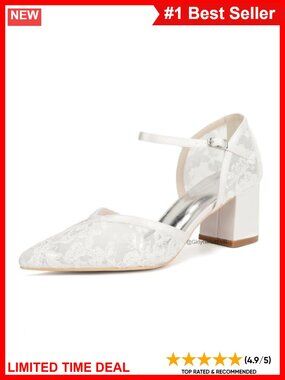 Lace Wedding Shoes for Bride Low Block Heels Ankle Strap Closed Toe Bridal